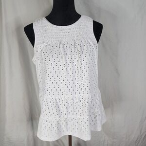 MICHAEL KORS Size Small White Eyelet Smocked Yoke Sleeveless Cottage Country Top